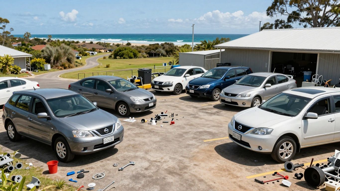 Nissan wreckers yard with car parts and vehicles.