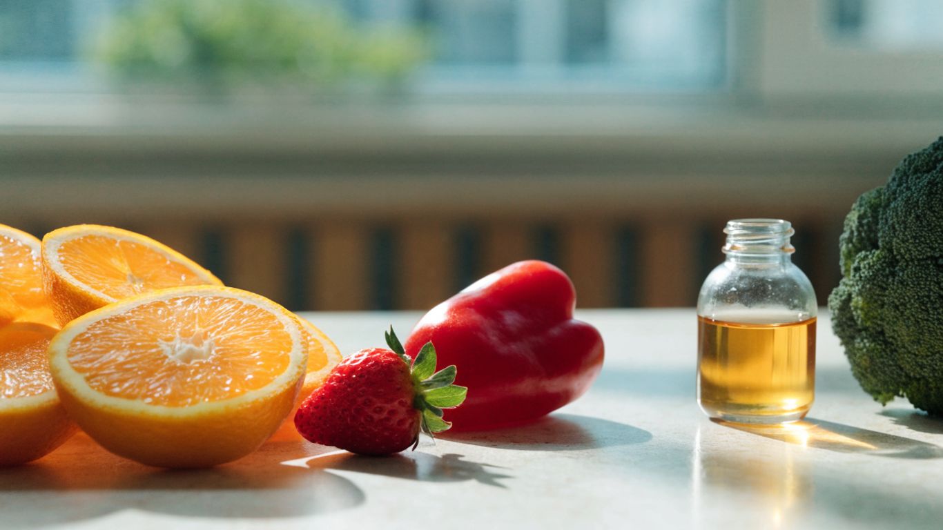 Colorful citrus and berries beside a simple skincare serum