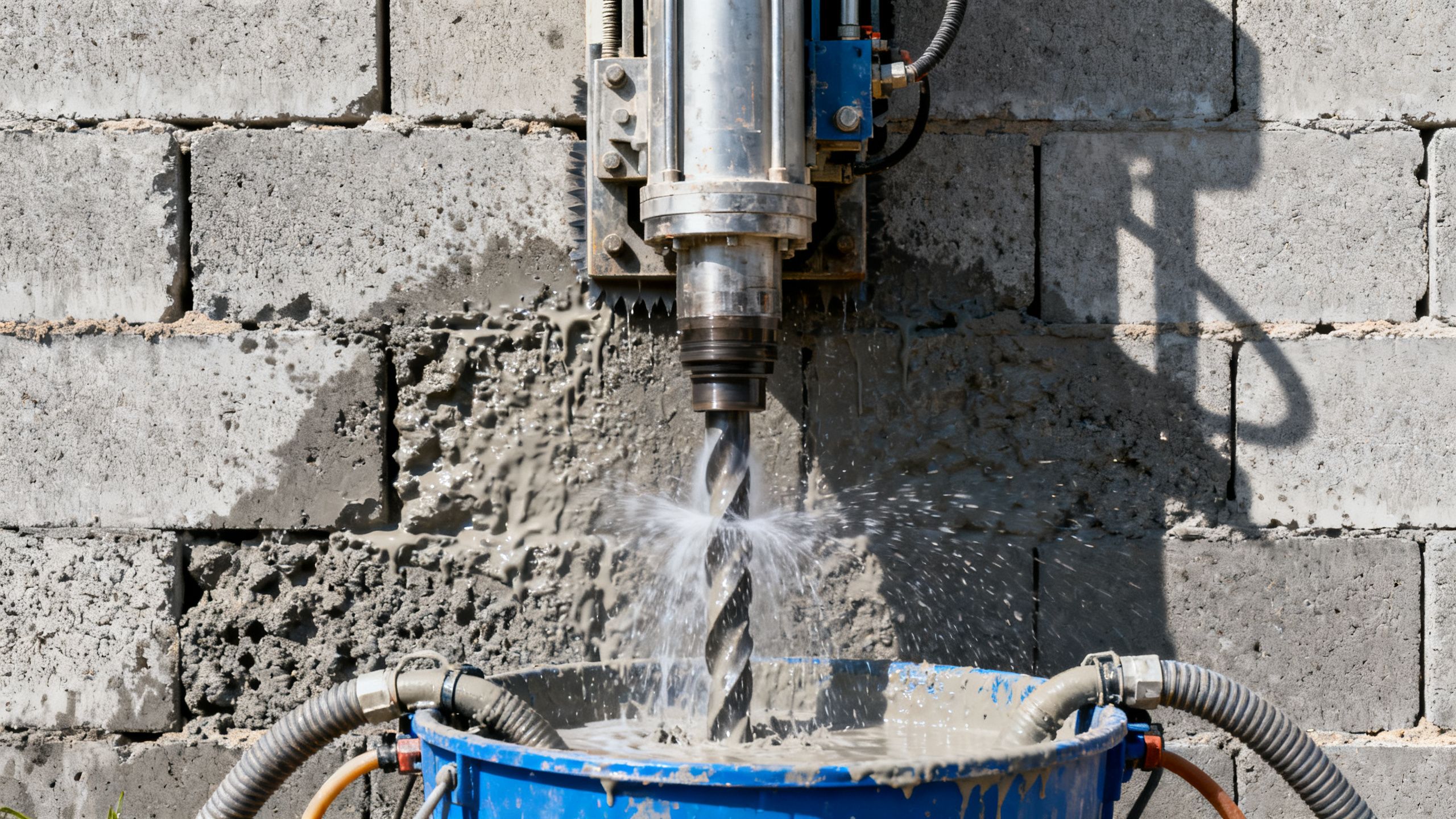 Rig-mounted diamond core drill cutting a block wall with a controlled water feed and slurry collection