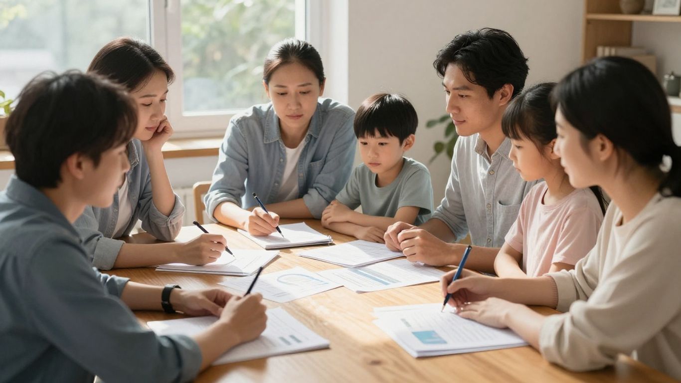 Familia planeando finanzas para estabilidad futura.
