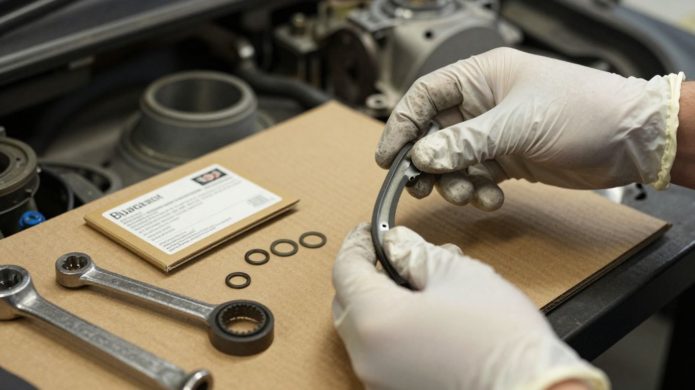 Seller inspecting labeled automotive gasket kit