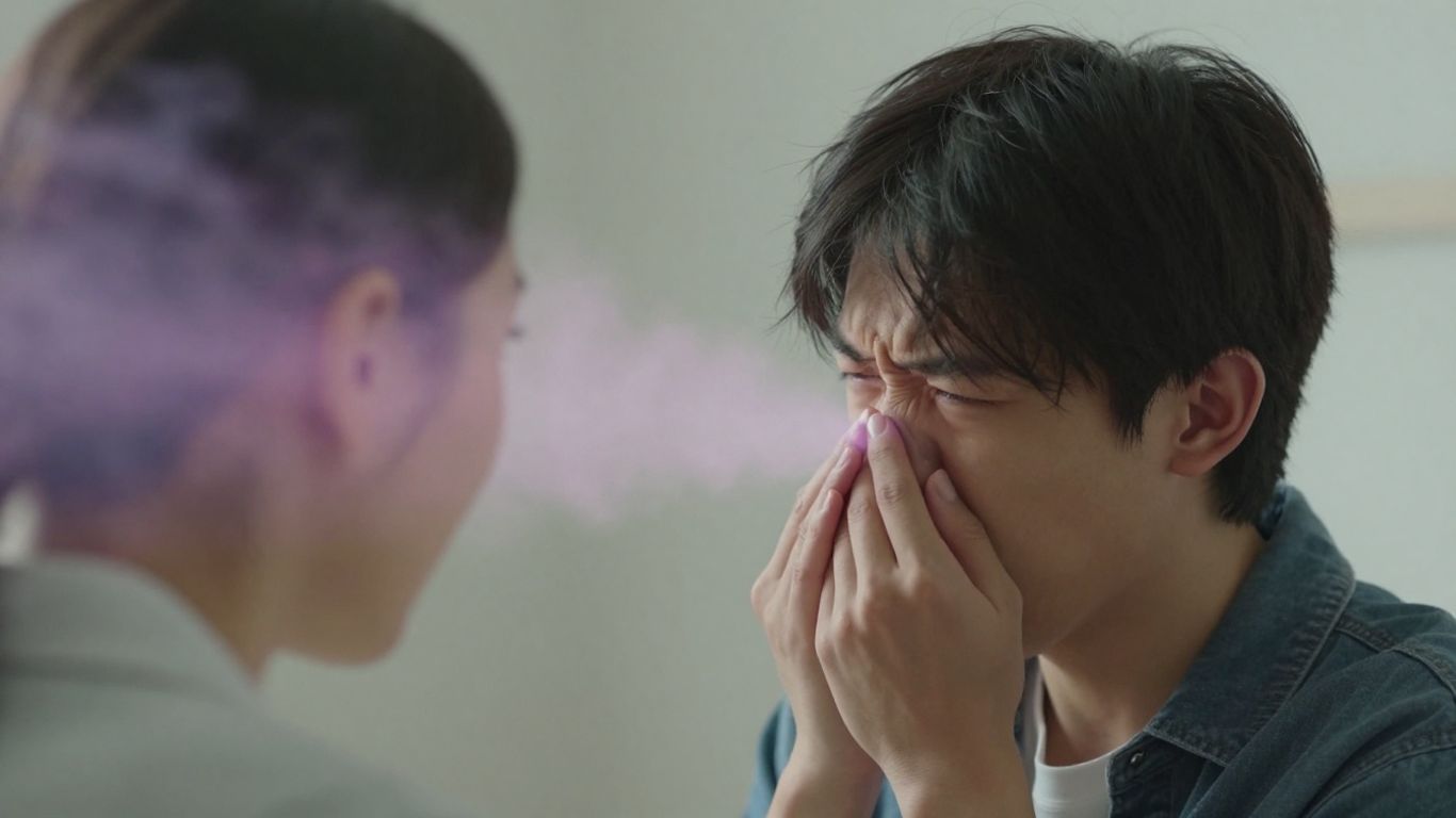Person reacting to a fart, with colorful gas cloud.