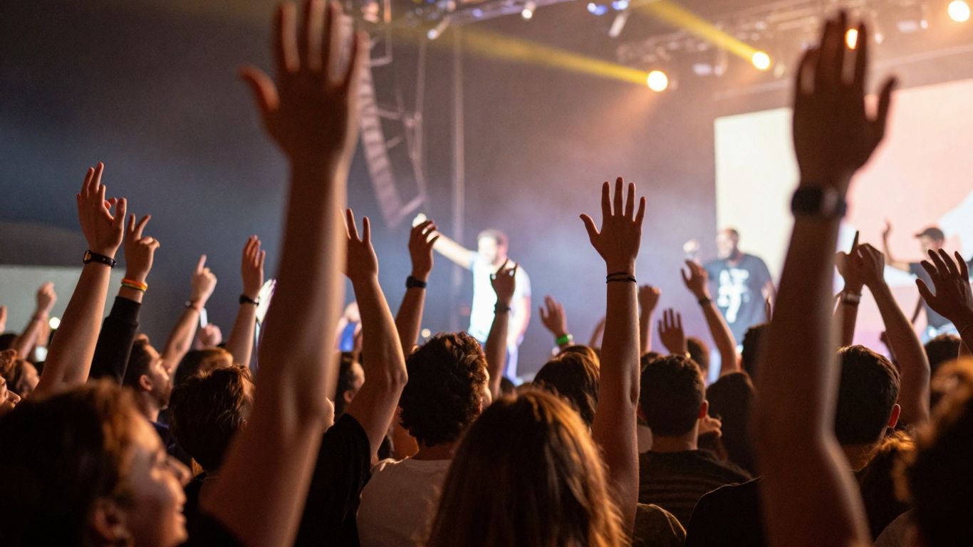 Energetic event crowd with performers under stage lights.