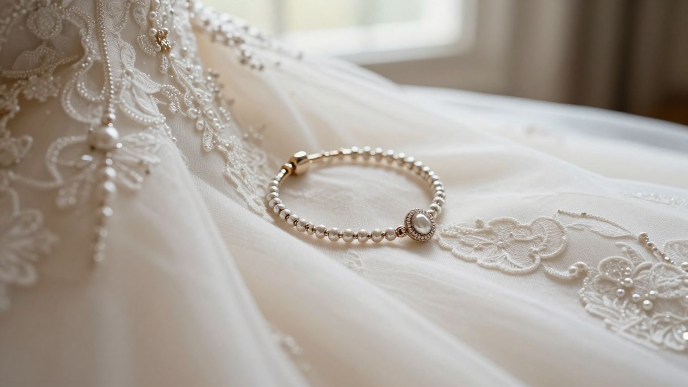 Elegant bridal bracelet beside lace wedding gown