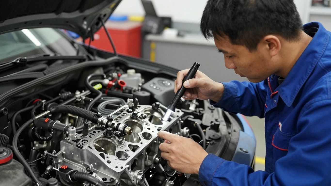 A technician looking at a complex engine bay