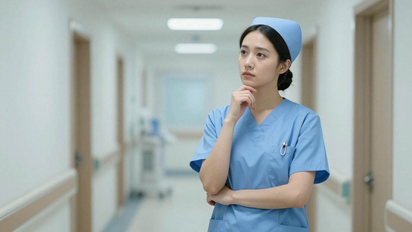 Pflegekraft überlegt im Krankenhausflur, dezenter blauer Akzent.