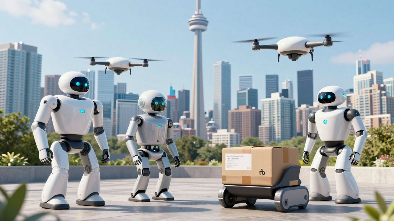 Toronto skyline with robots and e-commerce packages