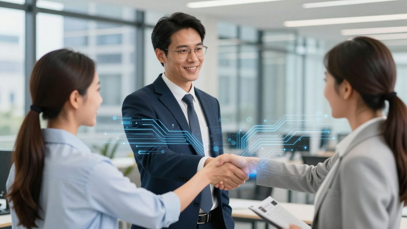 Handshake with digital overlay, Australian business context.