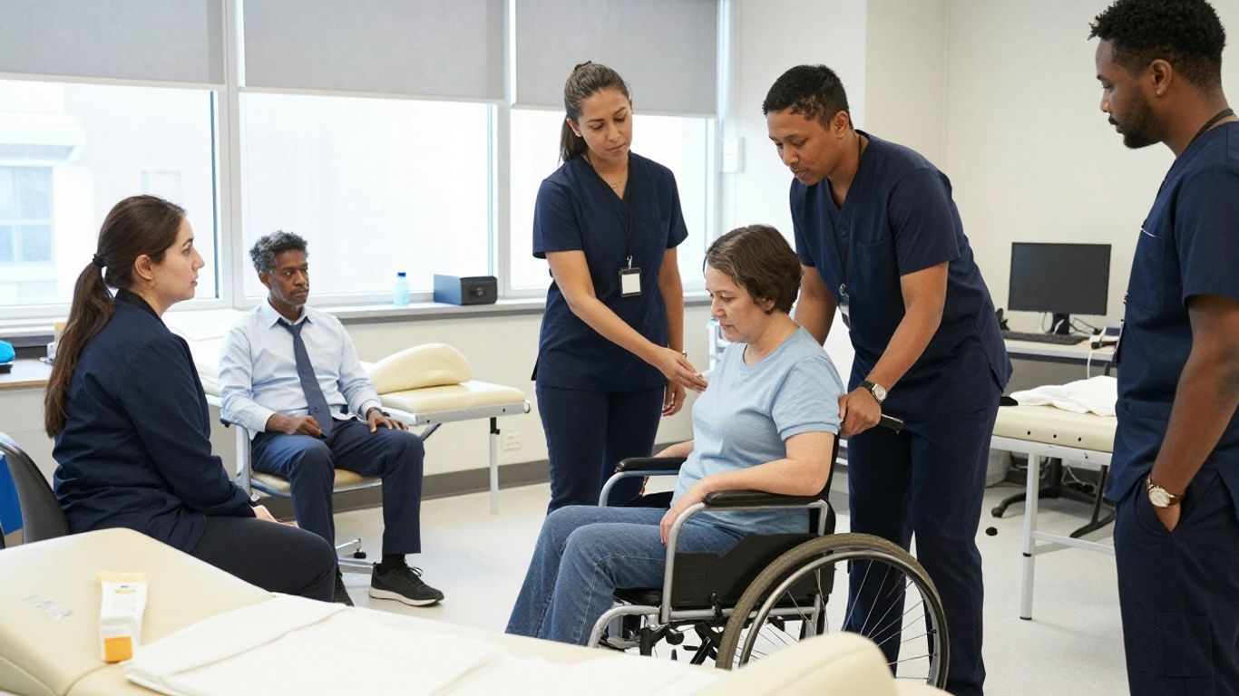 Students practicing patient care skills in a classroom