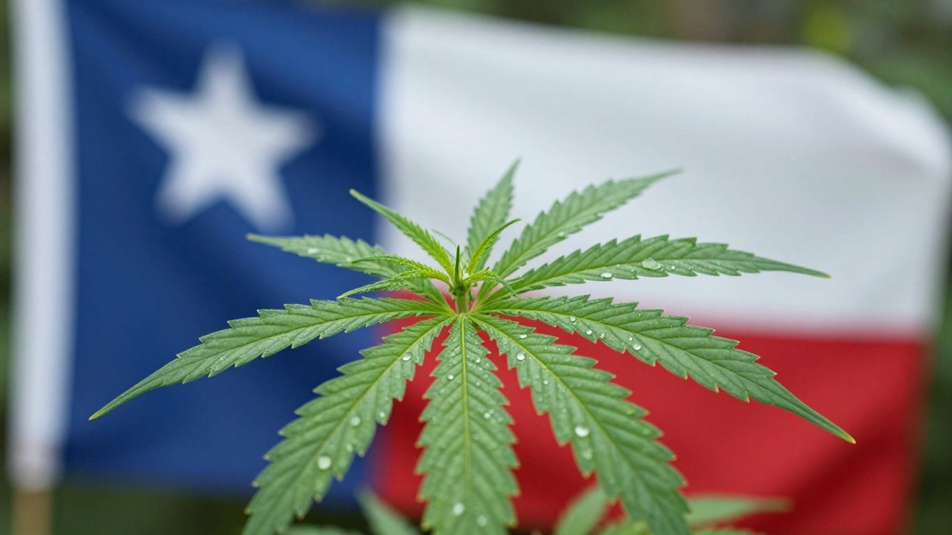Texas flag and cannabis leaf with dew drops.