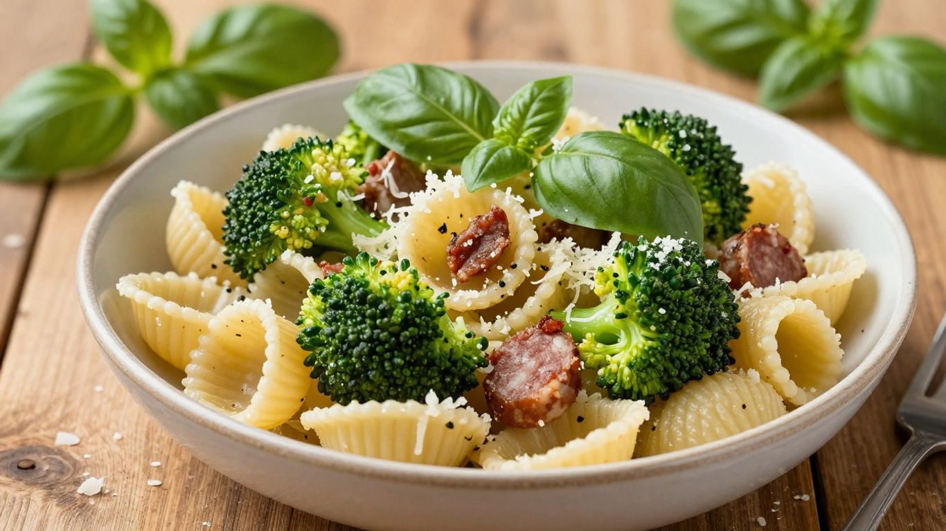 Orecchiette pasta with sausage and broccoli rabe in bowl.