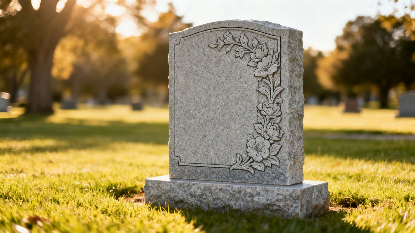 Carved granite headstone showing elegant floral motif detailing