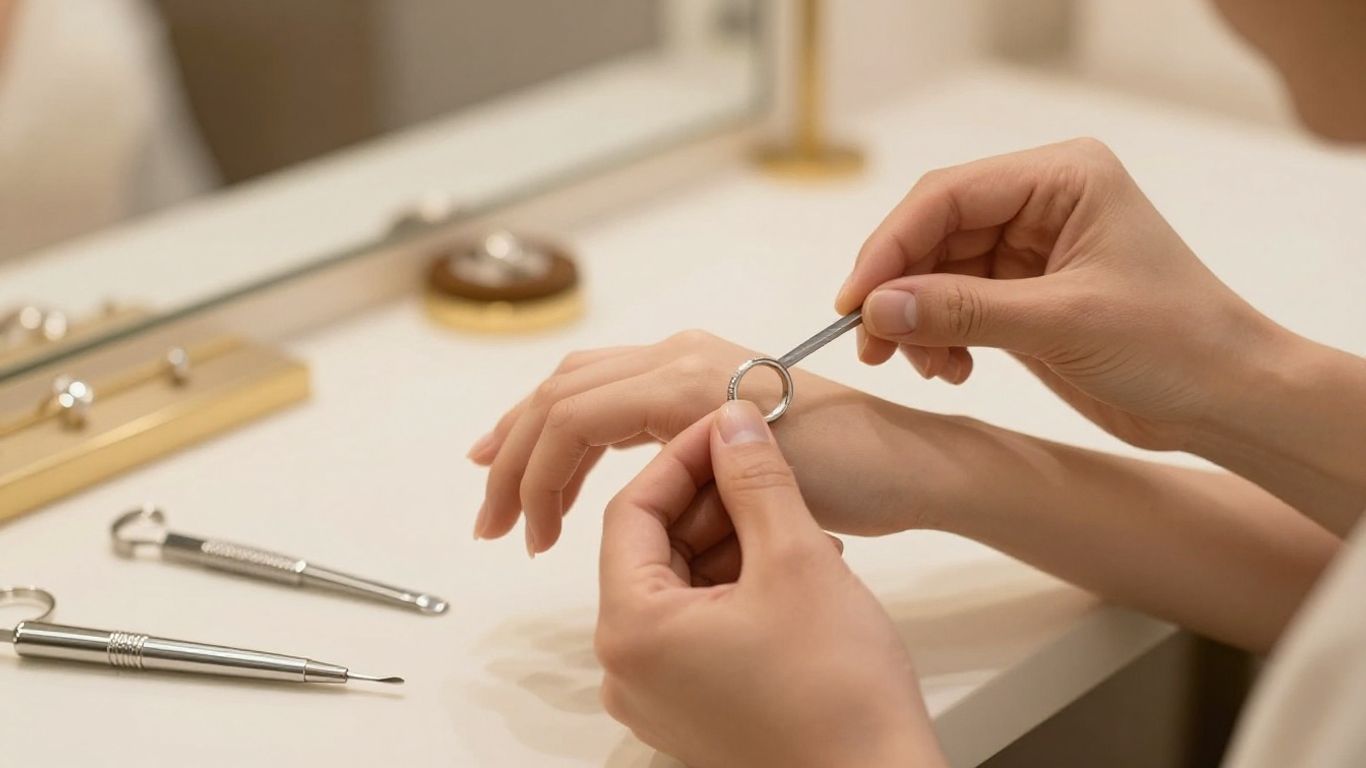 Jeweler measuring a bride's ring size