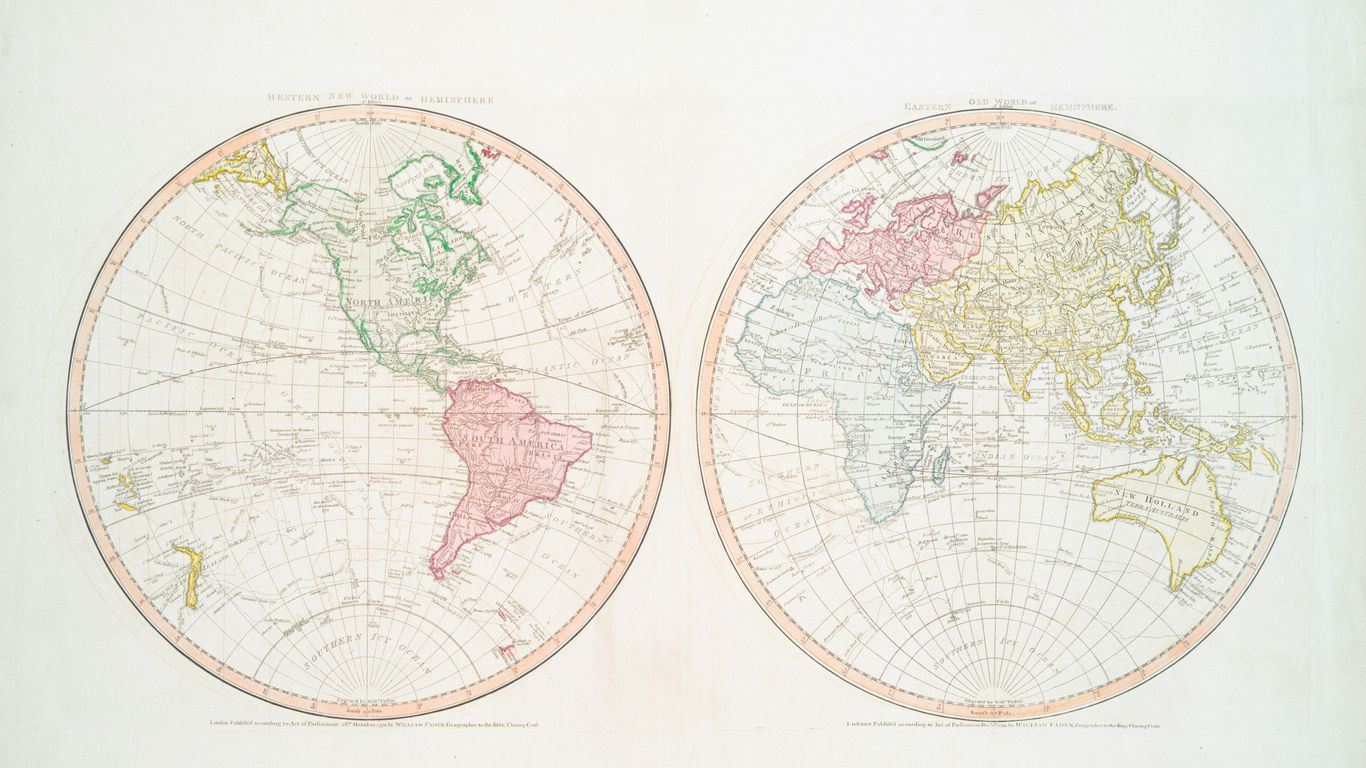 Two antique world maps showing continents and oceans.