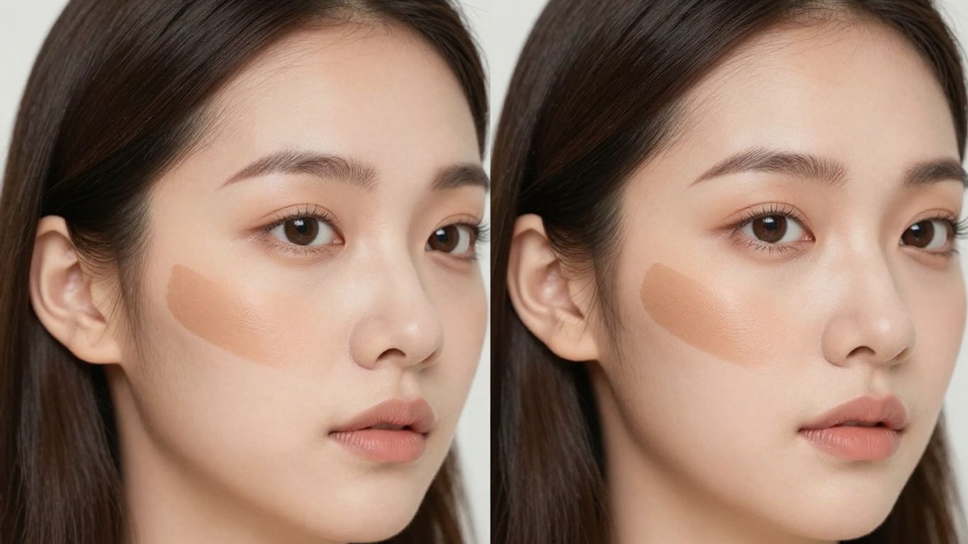 Woman contouring round face with makeup