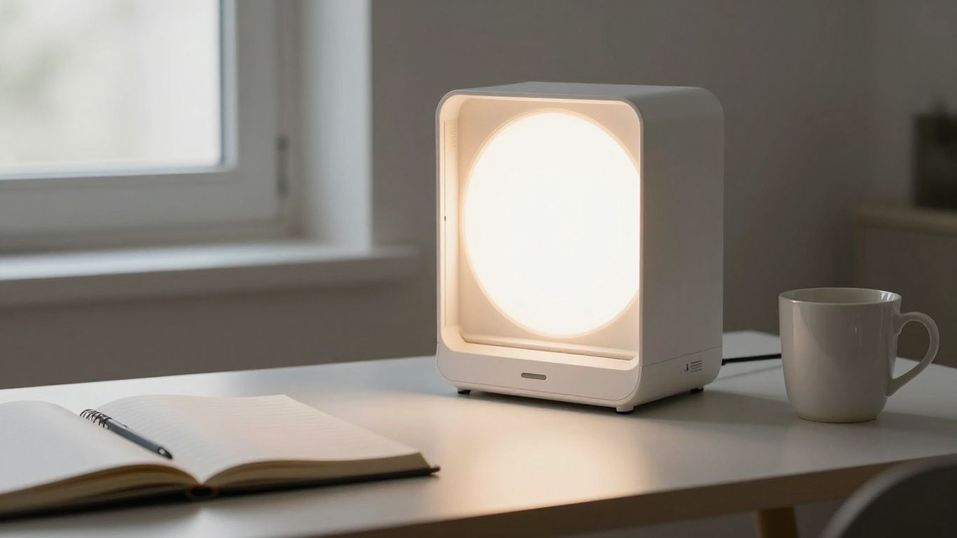 Tageslichtlampe auf einem aufgeräumten Schreibtisch
