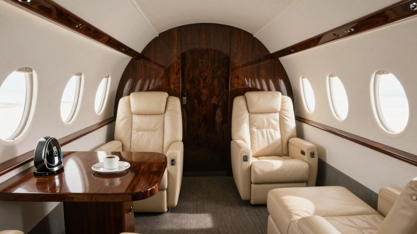 Interior of a luxurious private jet cabin.