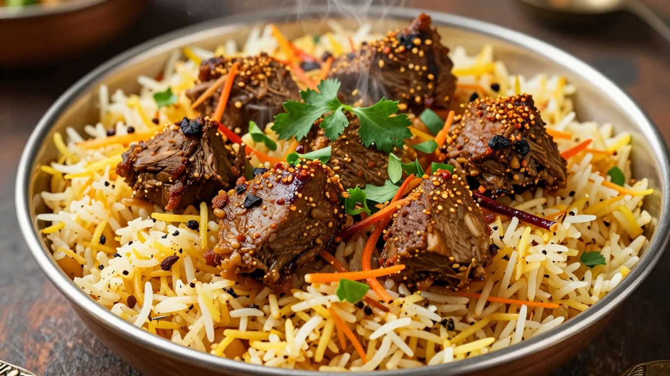Steaming plate of Meghana Biryani with tender meat and spices.