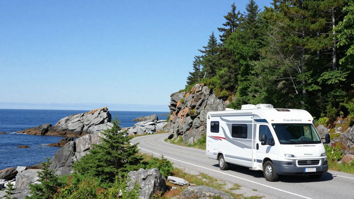 Motorhome on scenic Atlantic Canada coastal road.