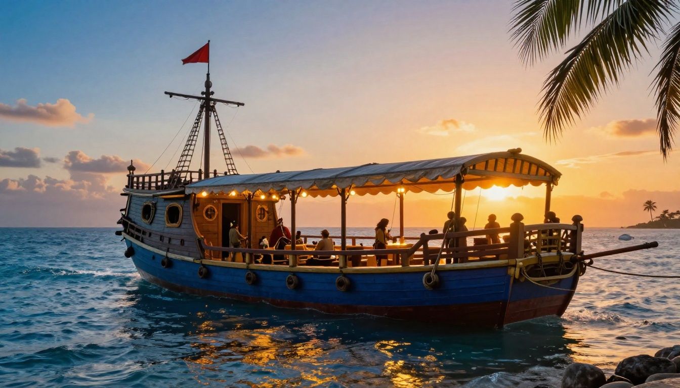 Vista panorâmica de um navio pirata navegando em um oceano azul vibrante durante o pôr do sol, com efeitos de iluminação e água altamente estilizados