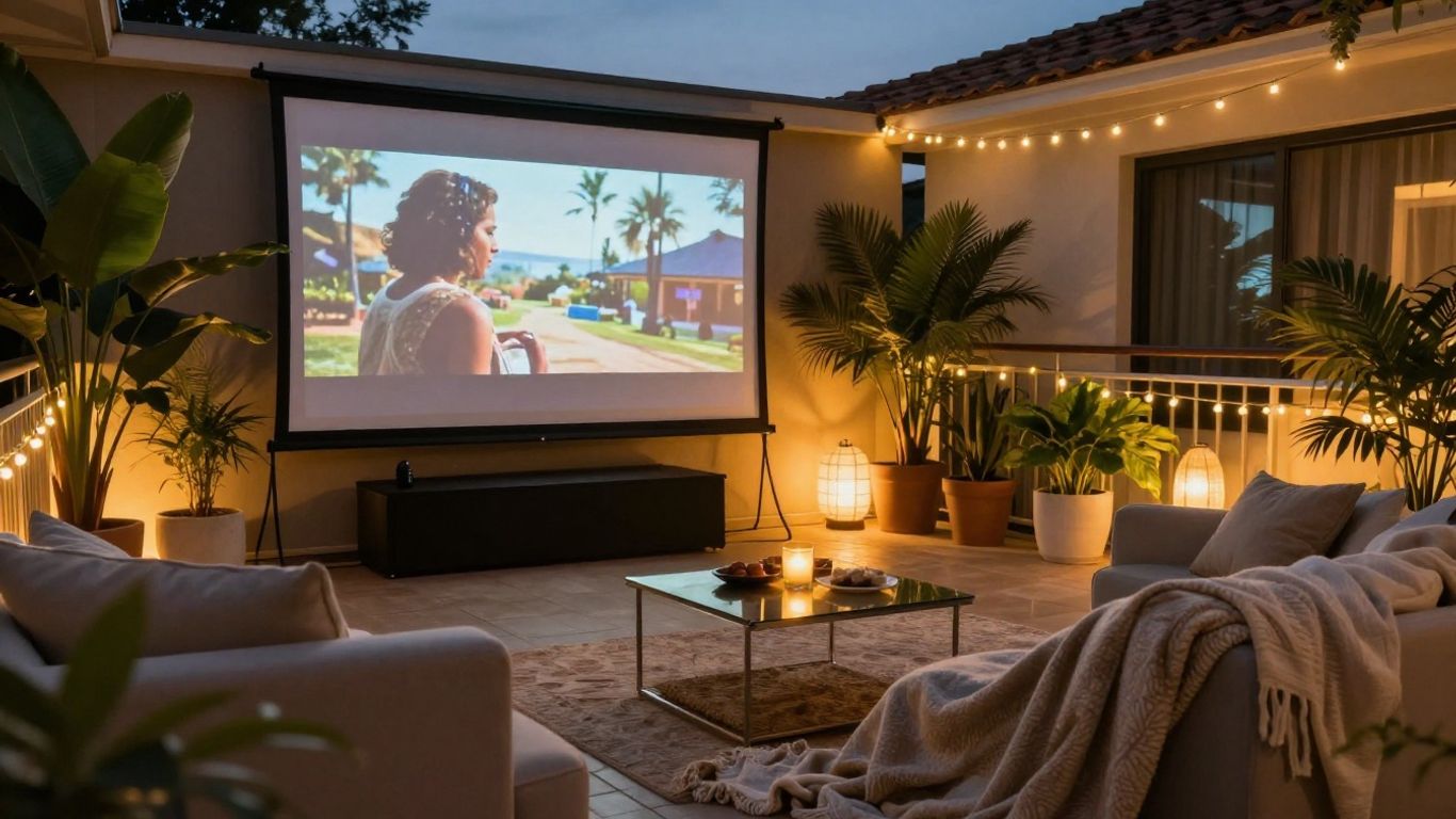 Balkon wird zum gemütlichen Freiluftkino bei Nacht.