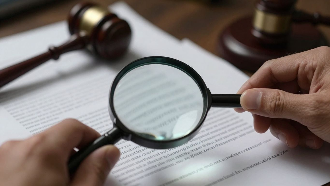 Documento legal con lupa y mazo de juez.