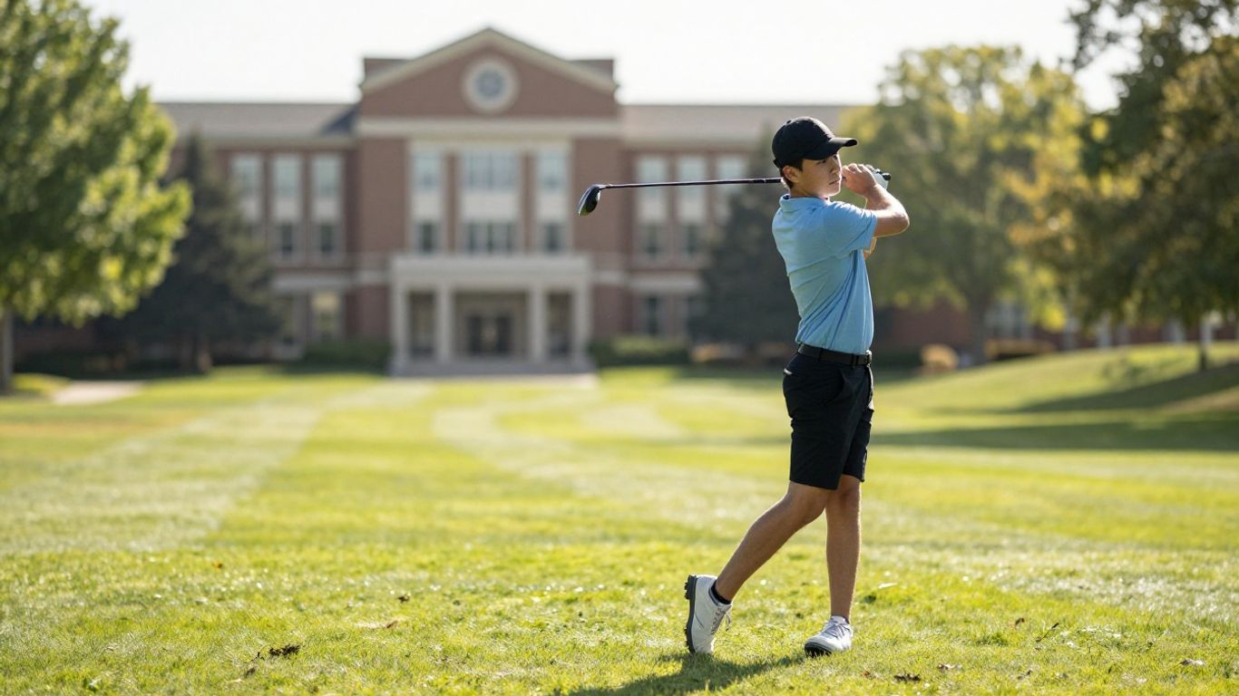 Golfer swinging club with college in background.