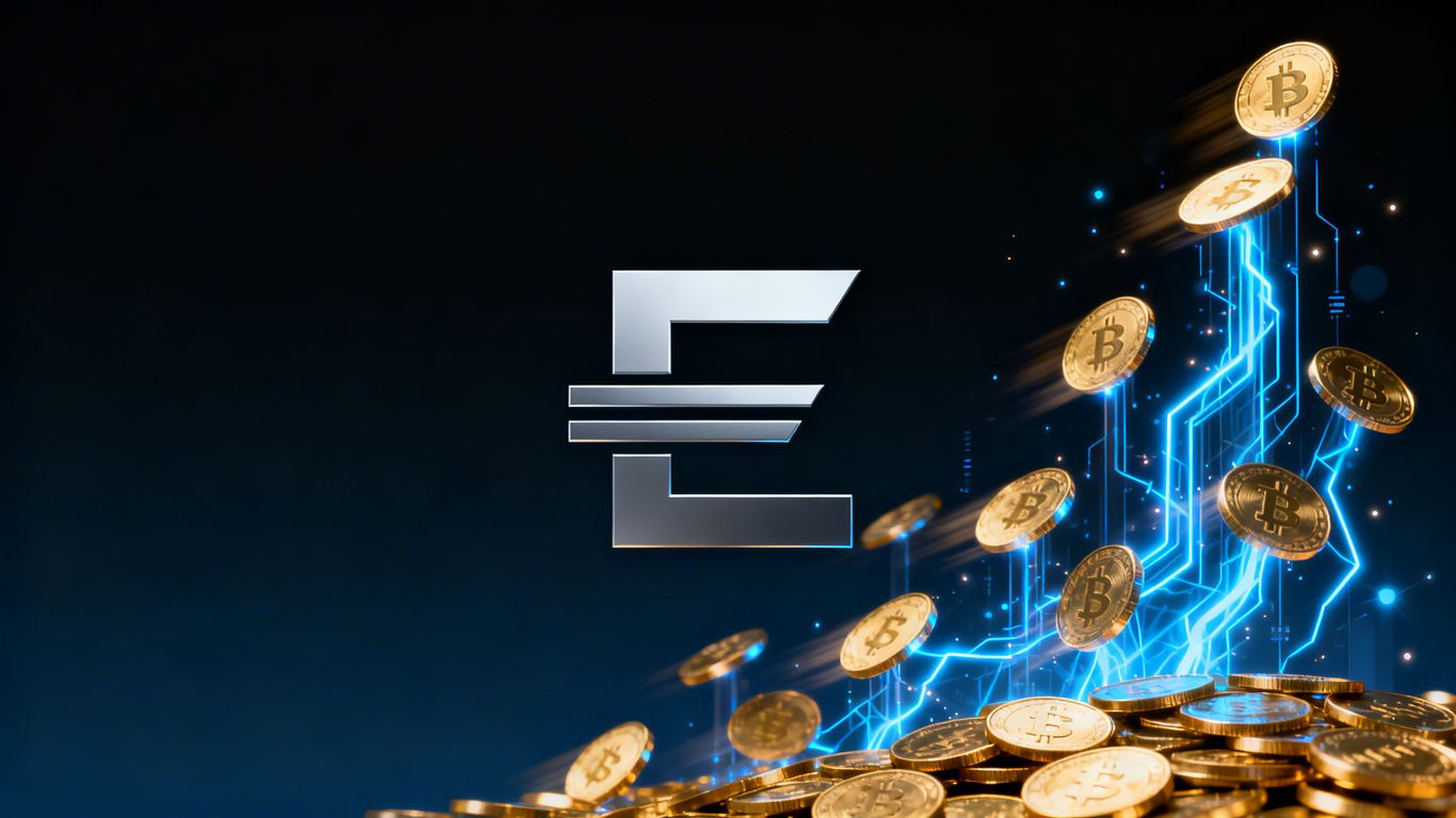 Ethereum logo with gold coins and blue energy.