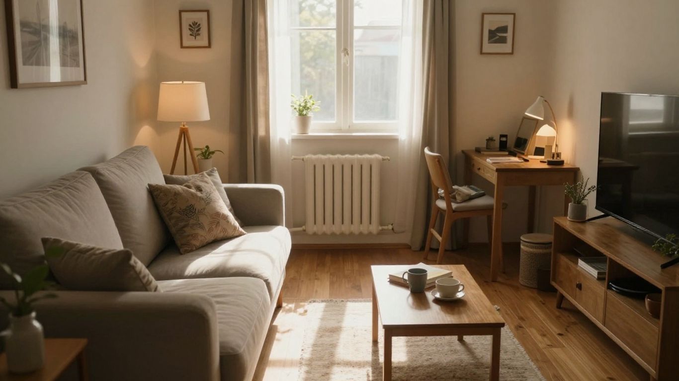 Interior de apartamento acogedor con pertenencias personales.