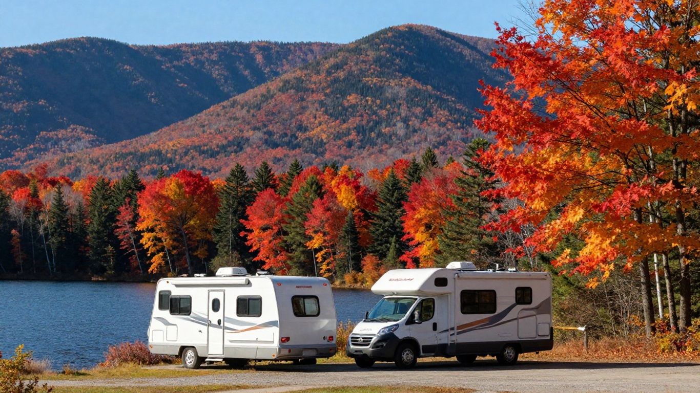 RV parked in scenic Canadian autumn landscape.
