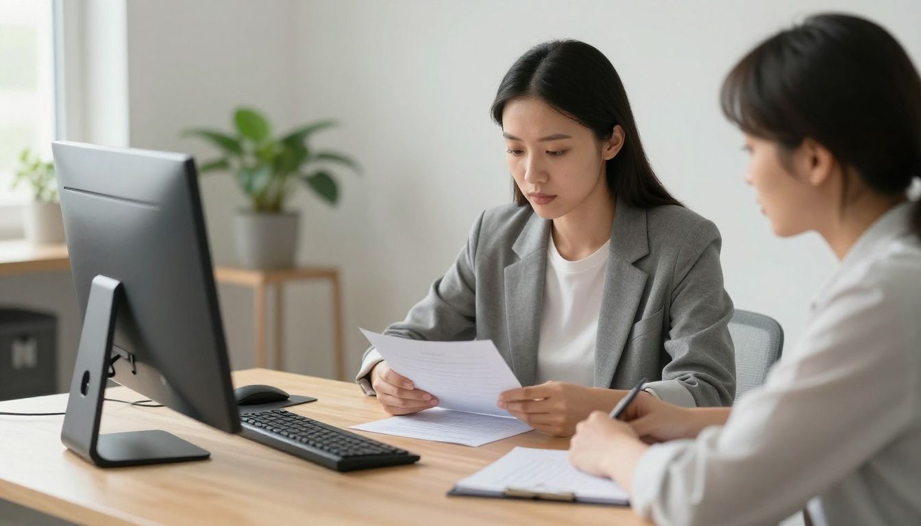 A professional parent thoughtfully planning a strategy at a minimalist desk with a calm, focused environment, representing intentional living and balance.
