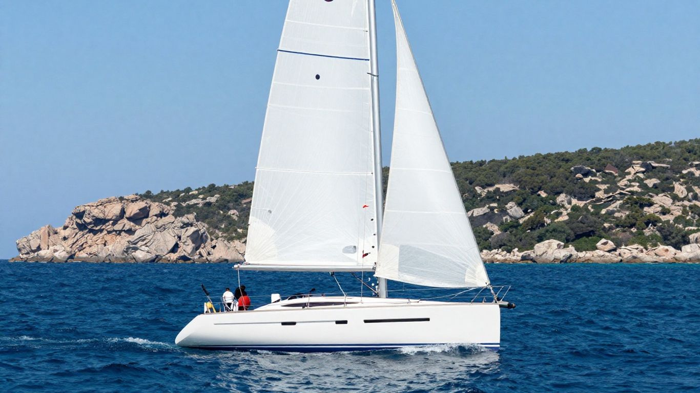 A sailboat navigating turquoise waters