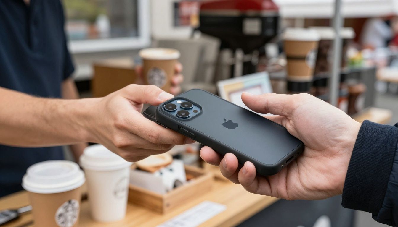 Someone using their iPhone 17 Air in a wallet case to tap and pay for a coffee at an outdoor market stall in Australia