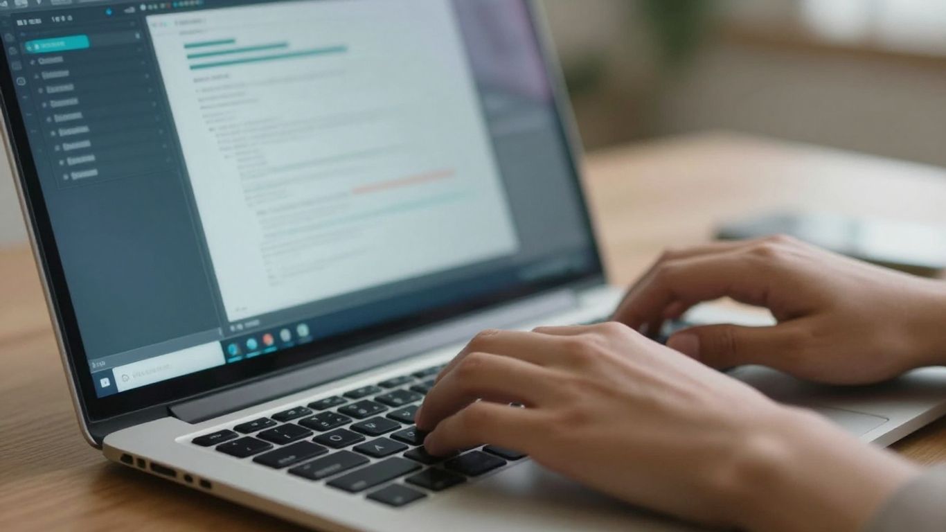 Hands typing on a laptop with data visualizations on screen.
