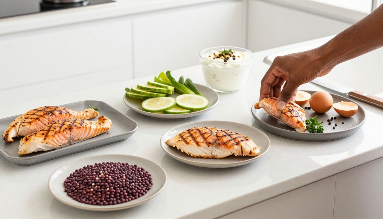A bright, clean kitchen counter with a variety of high-protein foods like grilled chicken breast, salmon, eggs, Greek yogurt, and lentils being prepared by a person of color.