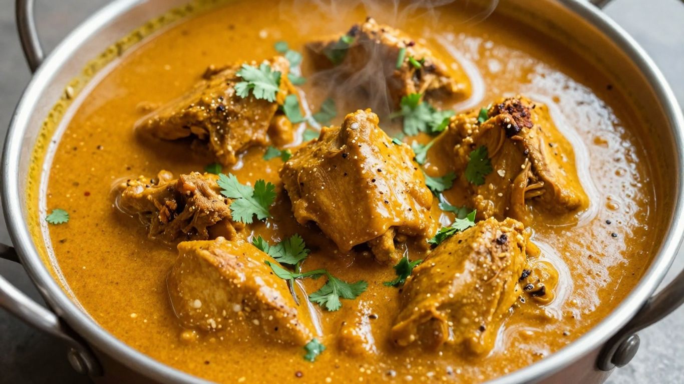 Bowl of Indian chicken curry with spices and cilantro.