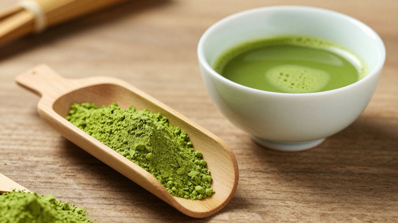 Bowl of frothy green matcha tea with bamboo scoop.