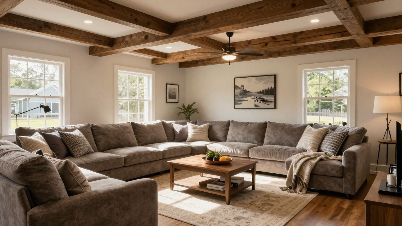 Finished basement remodel with modern design and comfortable atmosphere.