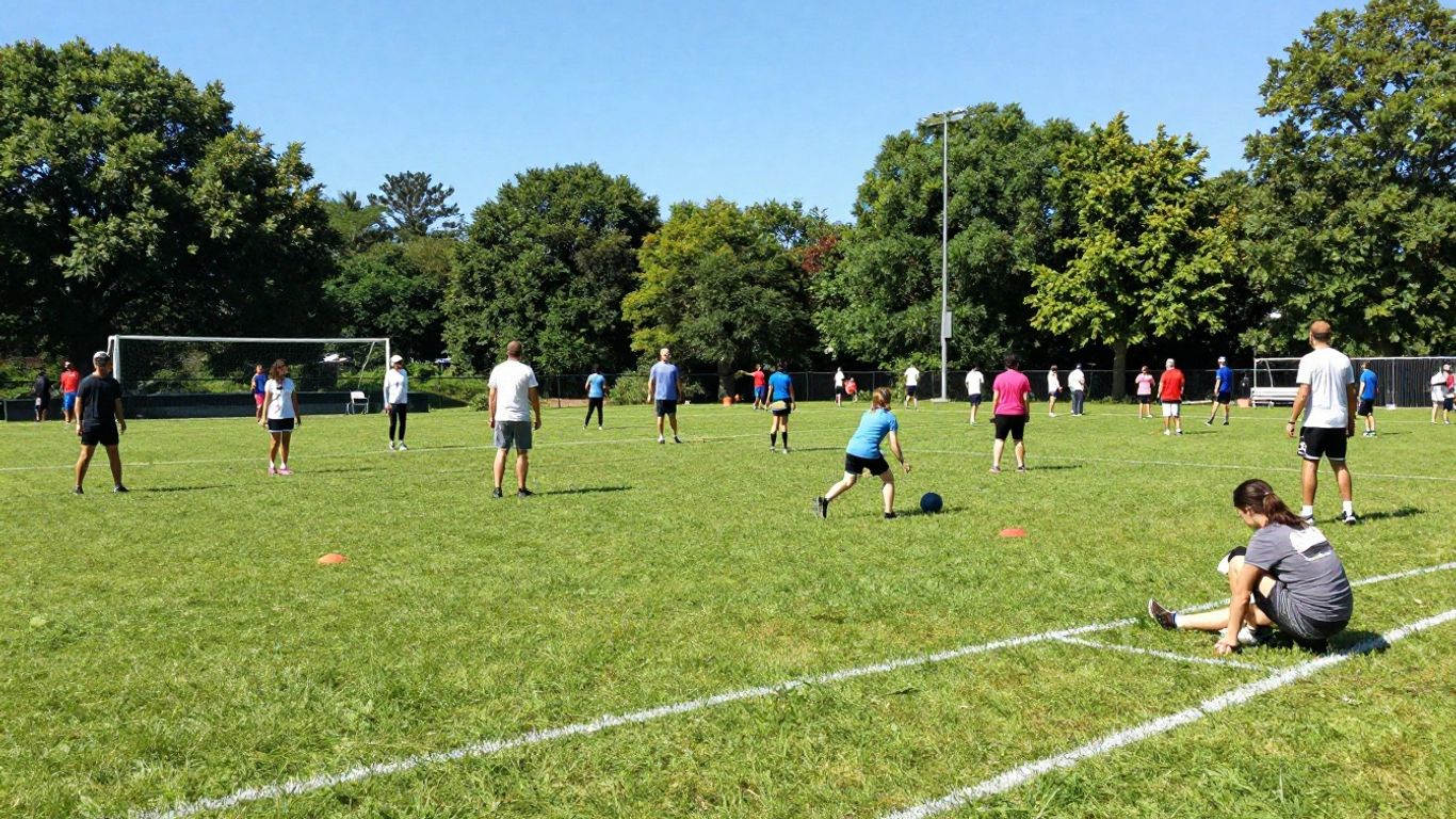 People playing various sports on a sunny field.