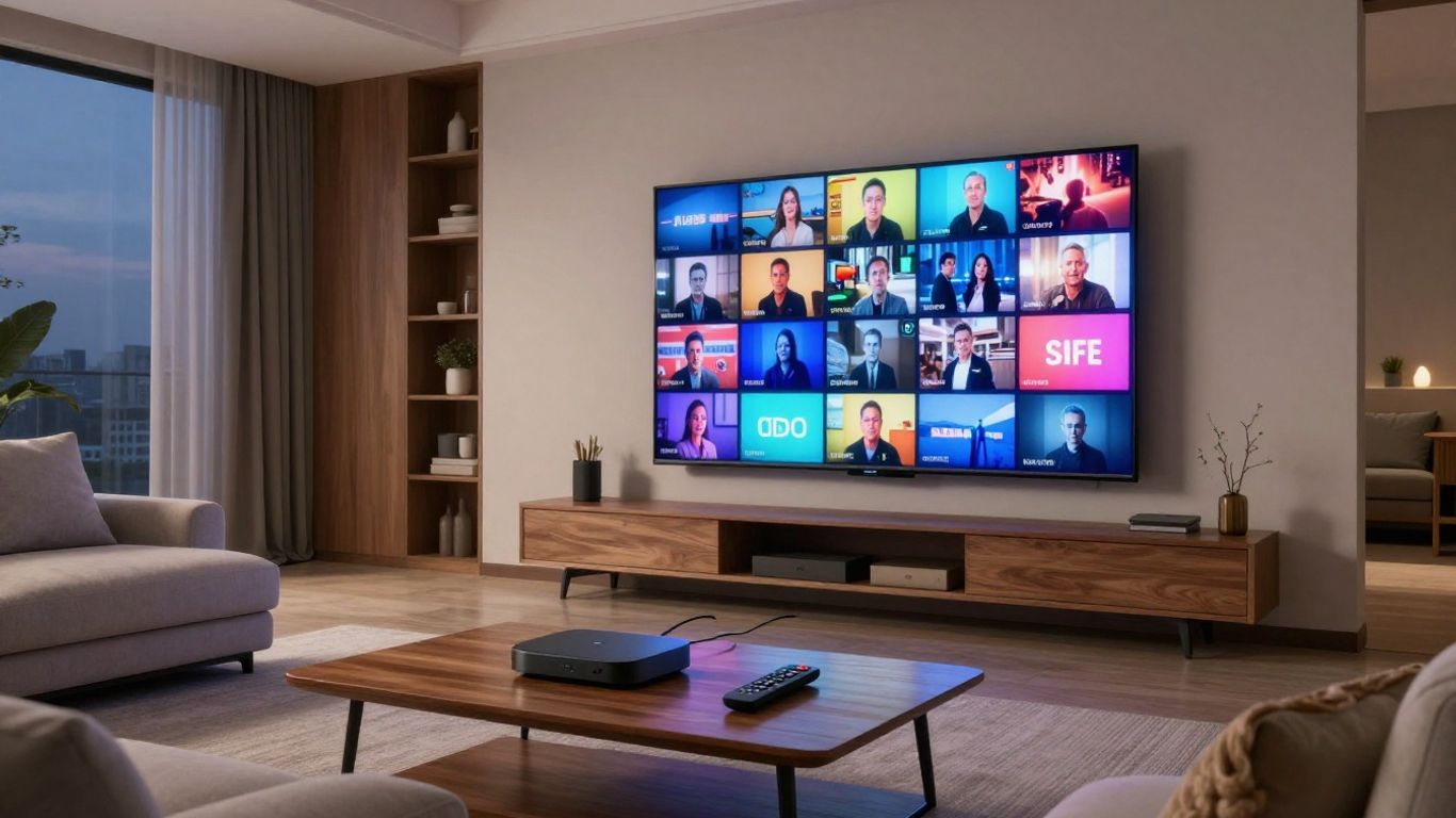 Living room television showing IPTV channels
