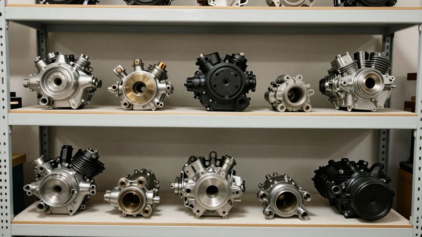Organized rows of motorcycle parts in a modern warehouse