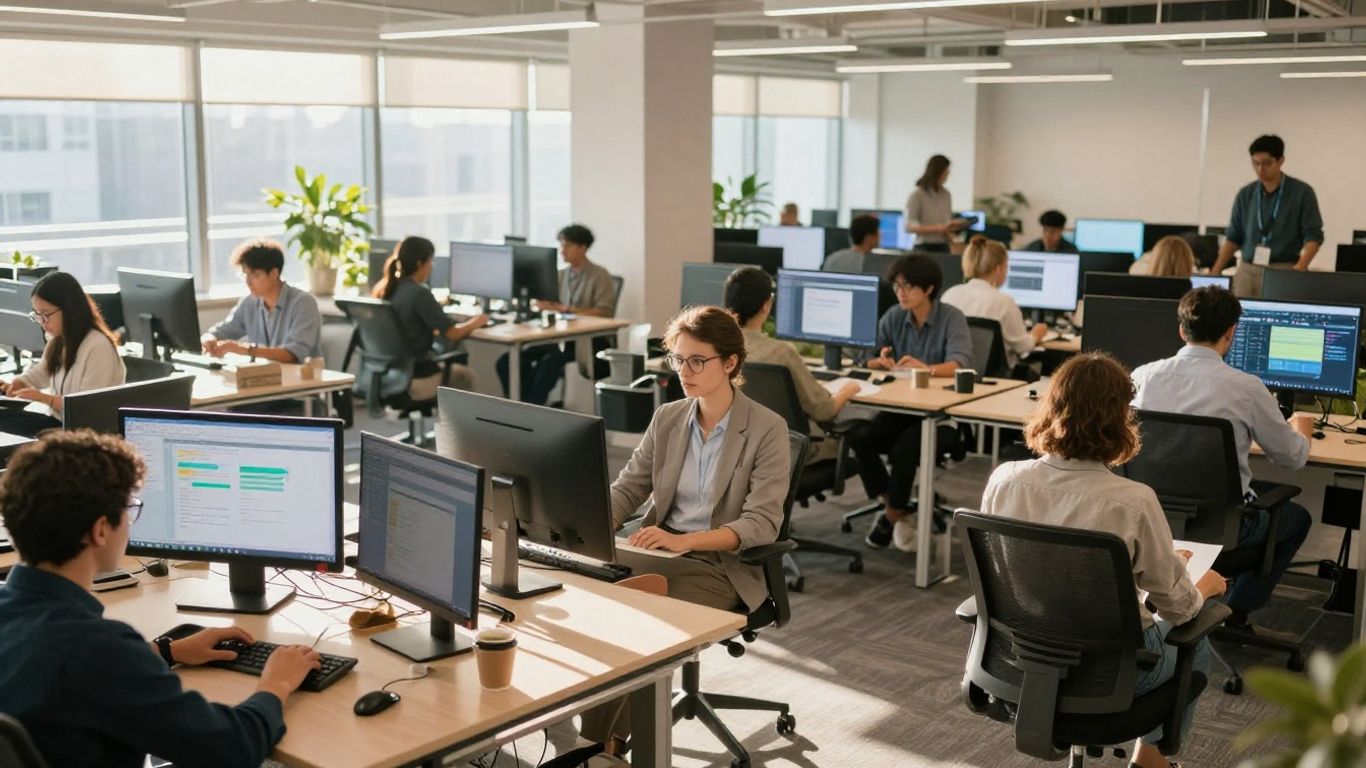 Business professionals using social media on devices.
