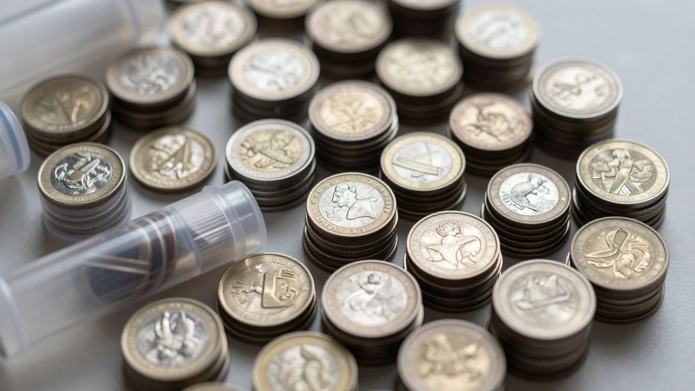 Coin tubes filled with various coins, ready for storage.