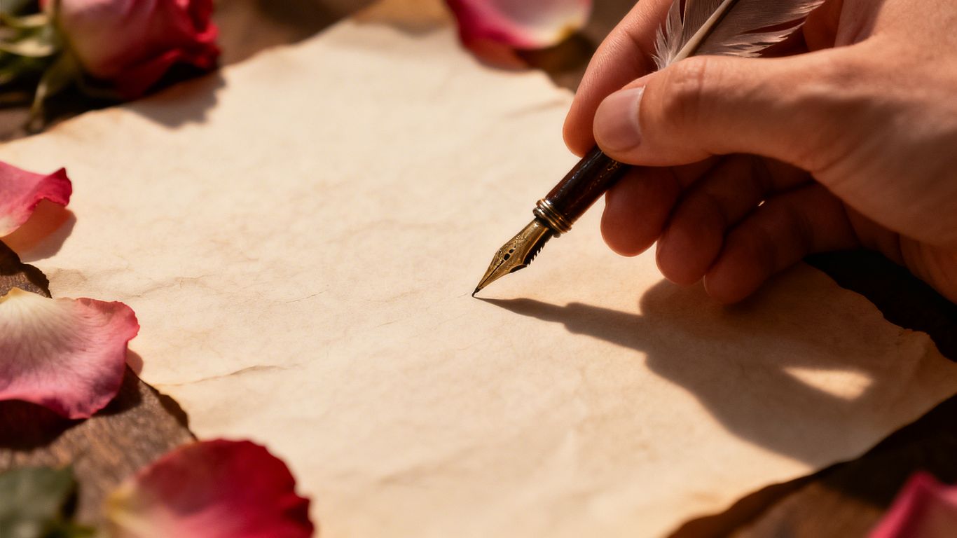 Hand writing a love letter with a quill pen.