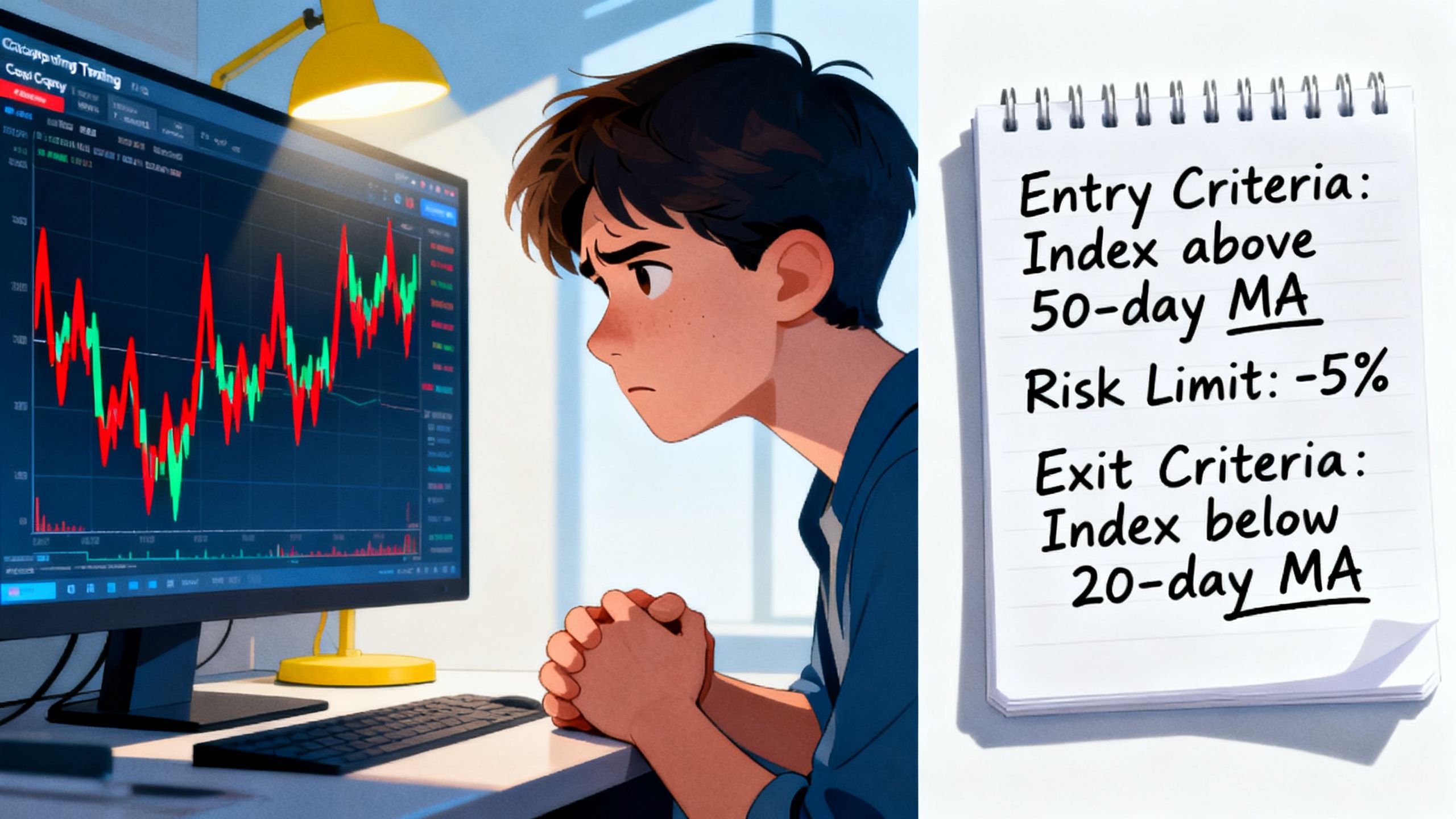 A beginner watching a copy trading dashboard react to a volatile index move, contrasted with a simple personal trading plan showing entry, risk limit, and exit criteria