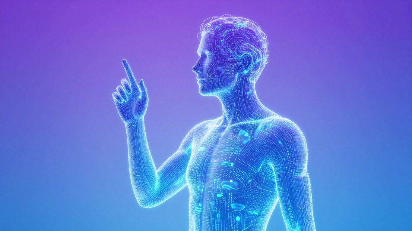 Silhueta humana interagindo com padrões digitais brilhantes.