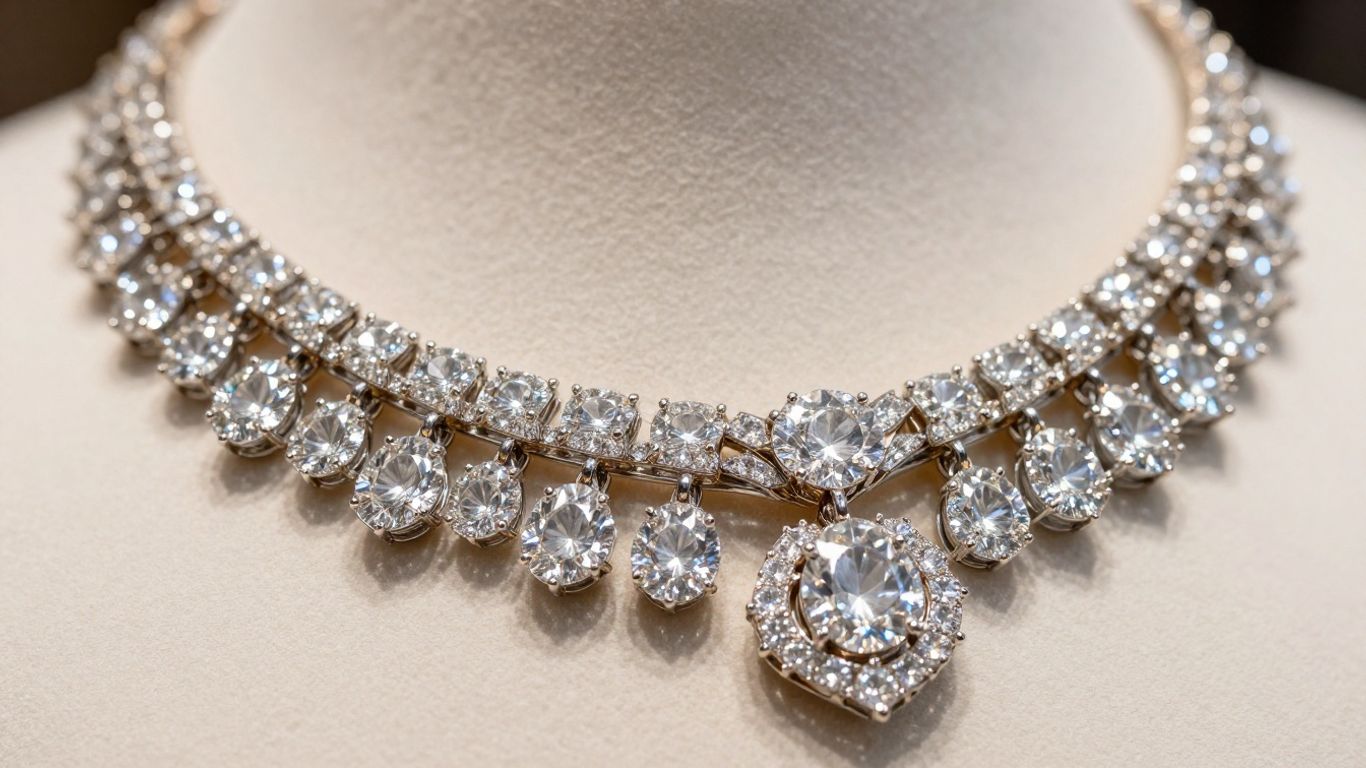 Exquisite diamond necklace and gold earrings at Bengaluru jewellery store.