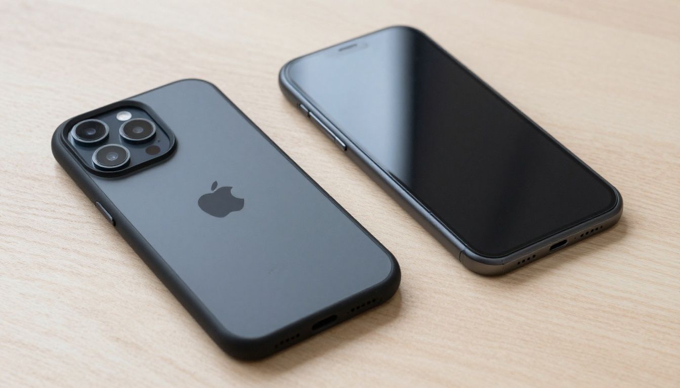 A smartphone with a black case lying next to a separate tempered glass screen protector on a neutral wooden surface.