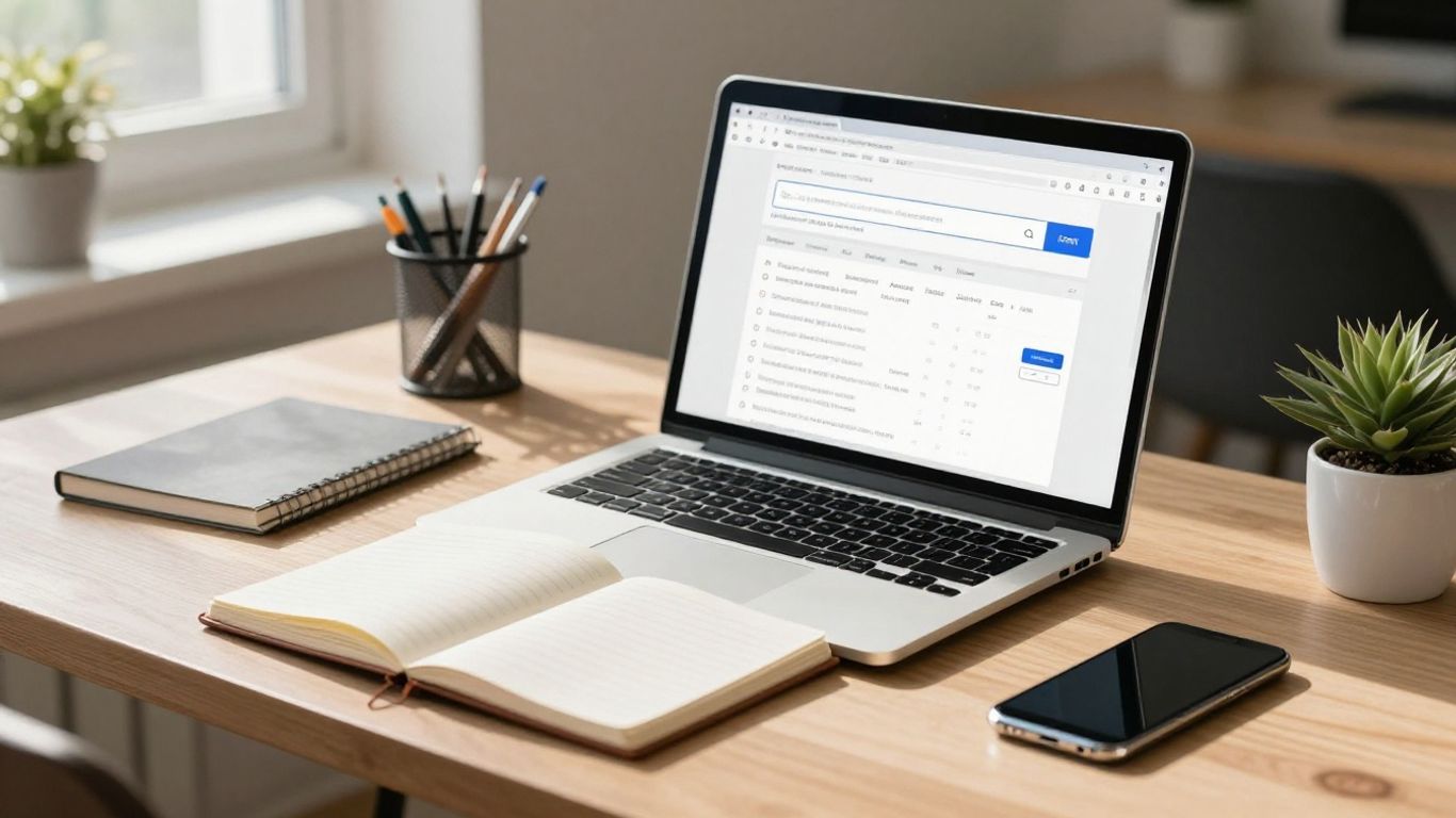 Digital marketing tools on a desk with laptop and phone.