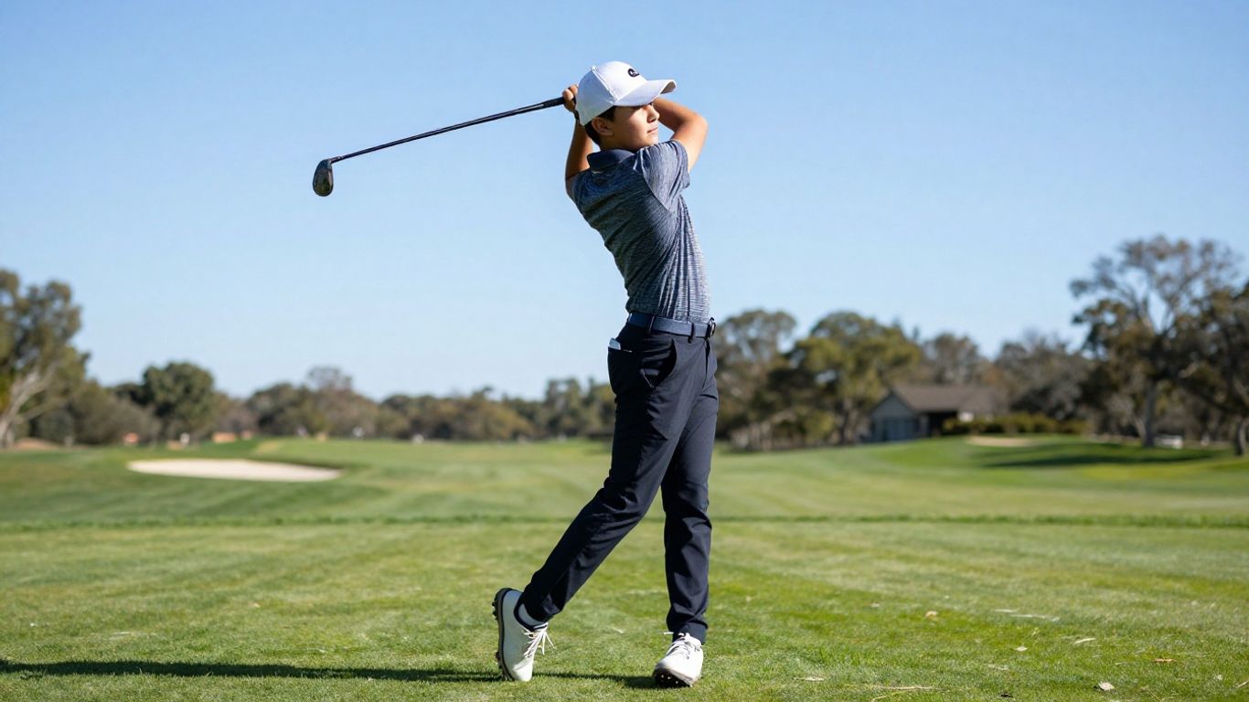 Young golfer practicing swing on a sunny golf course.